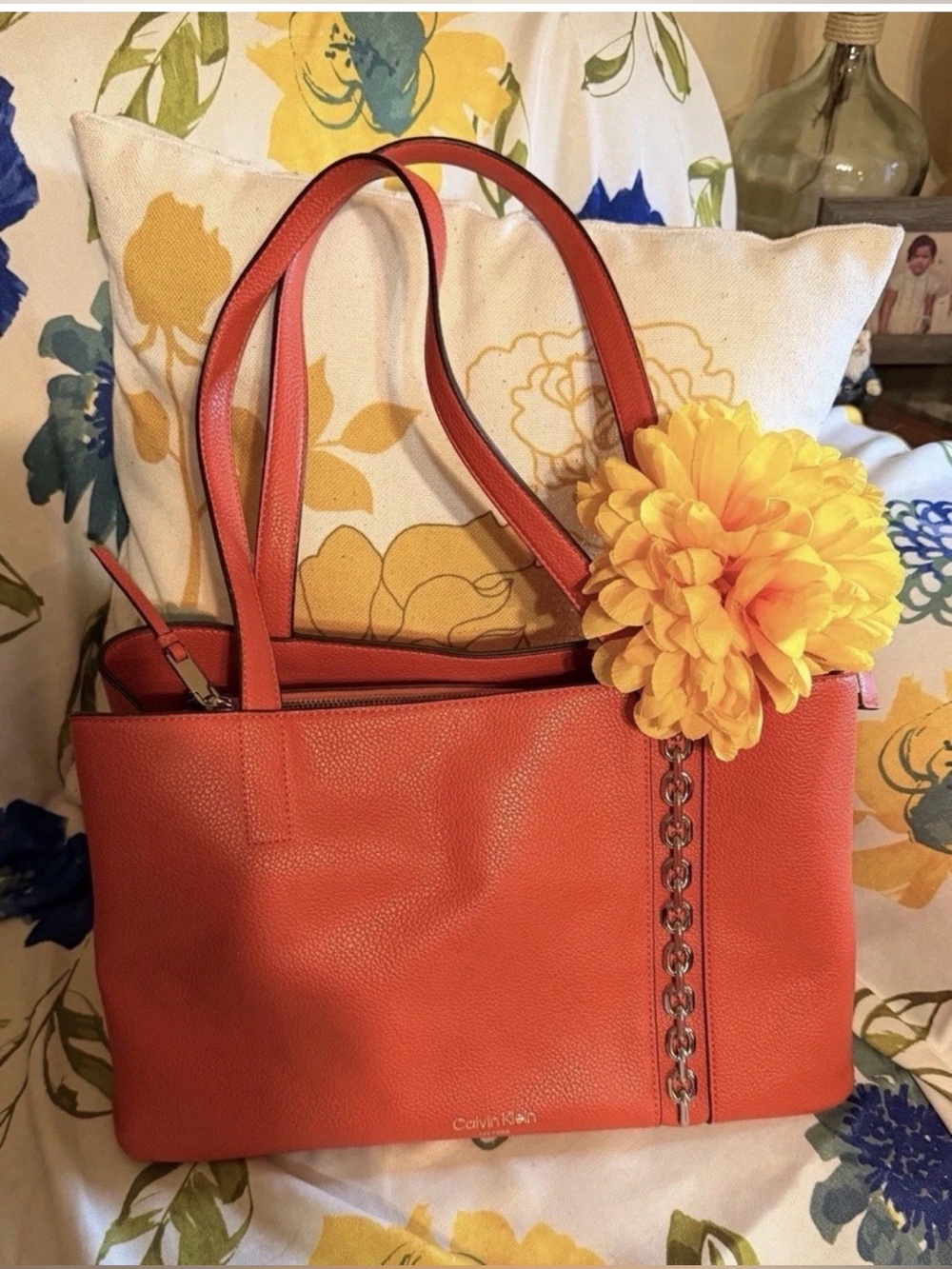 Calvin Klein Orange Pebbled Leather Tote with Chain Detail